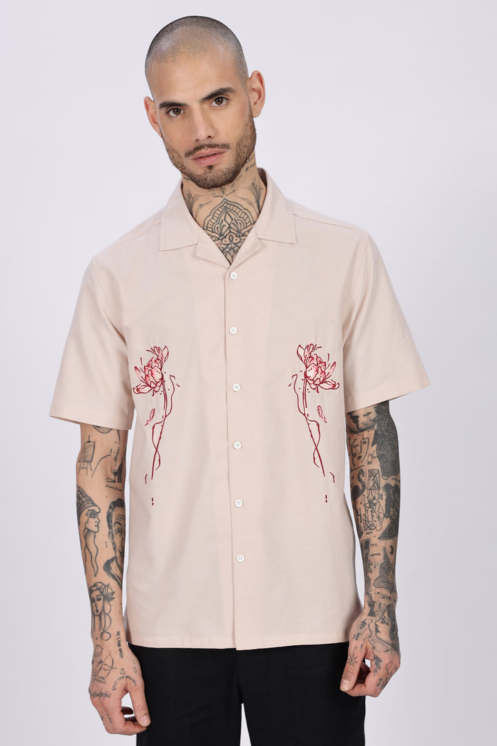 Flowers: Beige Embroidery Cuban Shirt