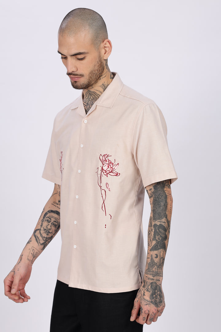 Flowers: Beige Embroidery Cuban Shirt