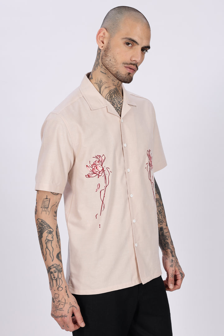 Flowers: Beige Embroidery Cuban Shirt