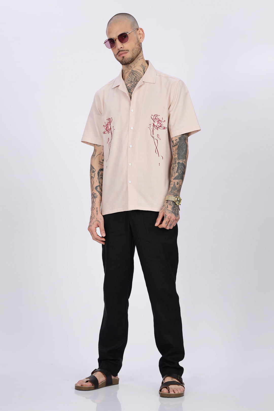 Flowers: Beige Embroidery Cuban Shirt