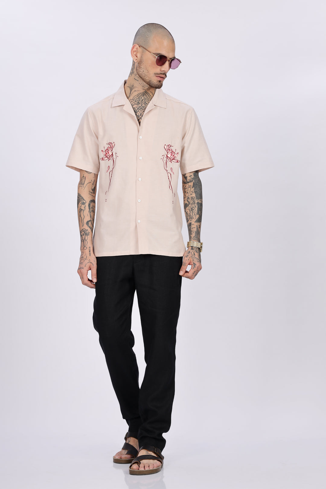 Flowers: Beige Embroidery Cuban Shirt