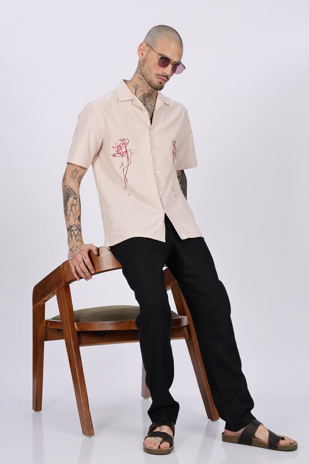 Flowers: Beige Embroidery Cuban Shirt