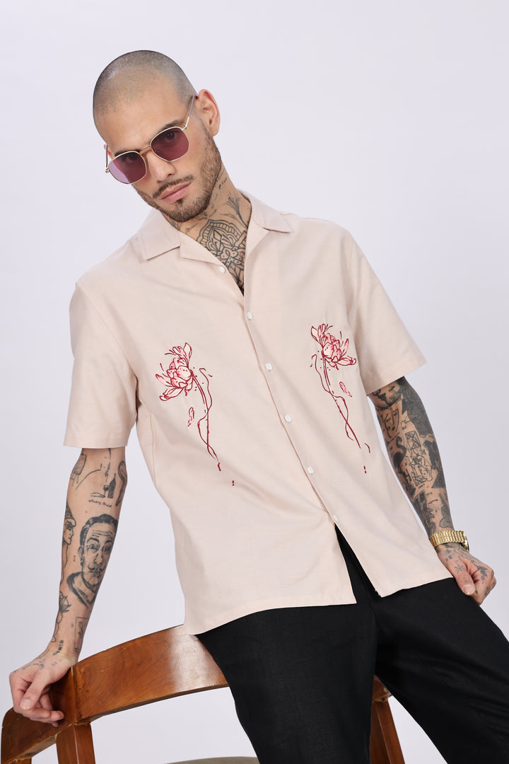 Flowers: Beige Embroidery Cuban Shirt