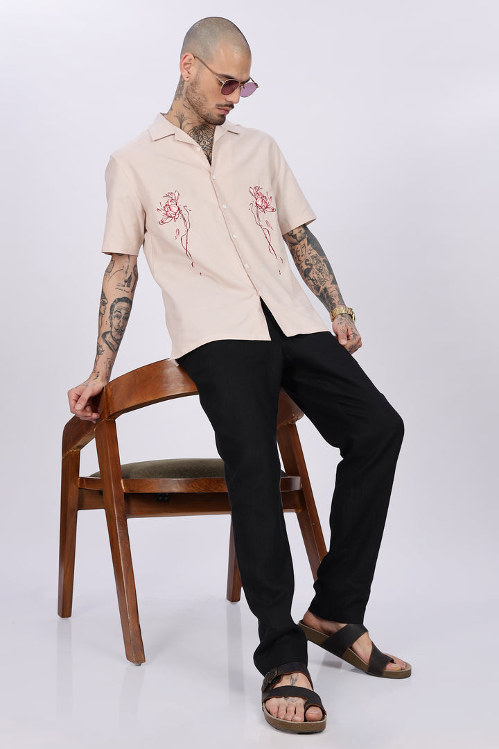 Flowers: Beige Embroidery Cuban Shirt