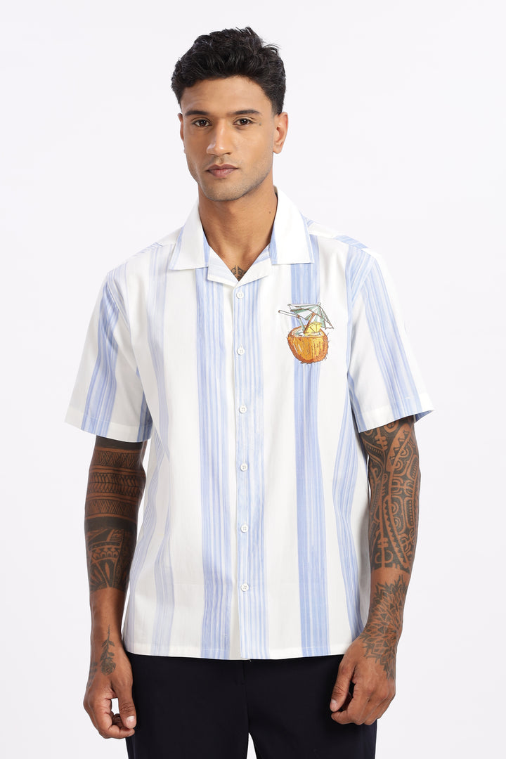 Stripes: Blue Coconut Embroidery Cuban Shirt