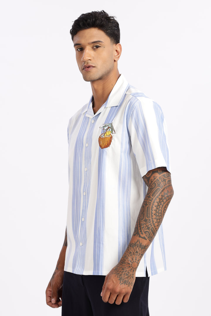 Stripes: Blue Coconut Embroidery Cuban Shirt