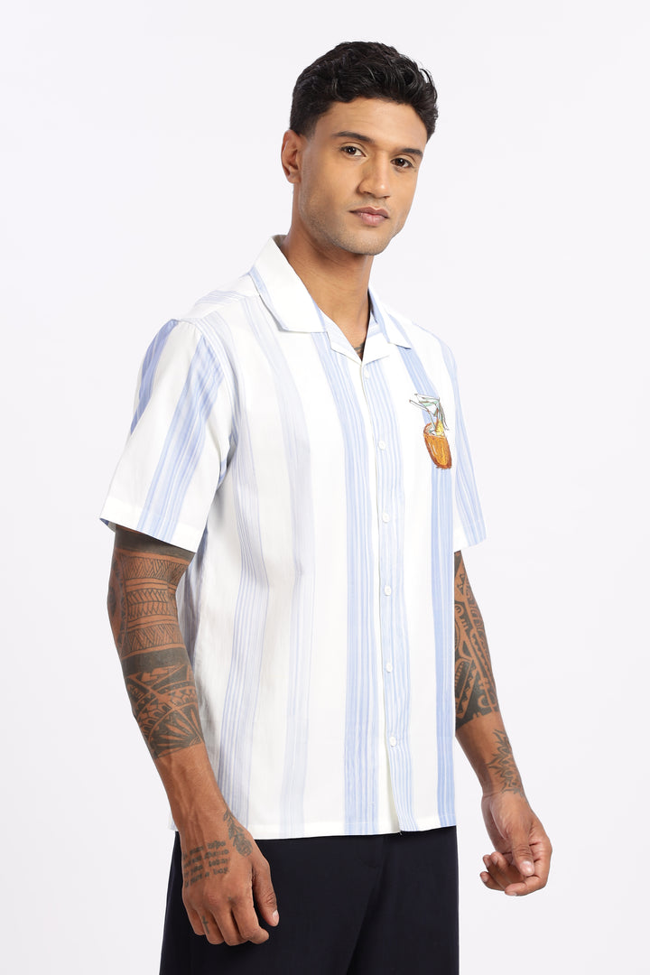 Stripes: Blue Coconut Embroidery Cuban Shirt