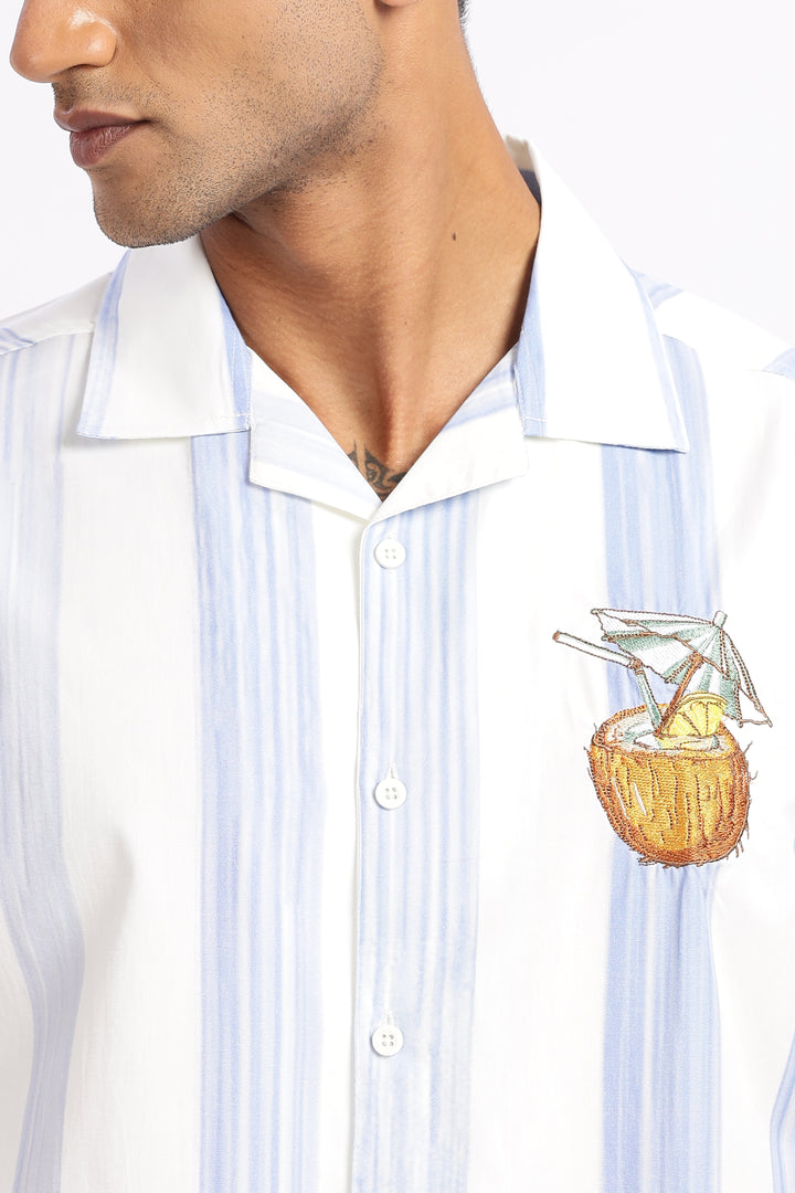 Stripes: Blue Coconut Embroidery Cuban Shirt