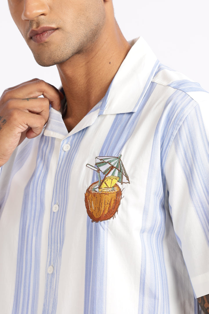 Stripes: Blue Coconut Embroidery Cuban Shirt