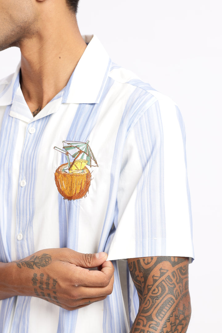 Stripes: Blue Coconut Embroidery Cuban Shirt