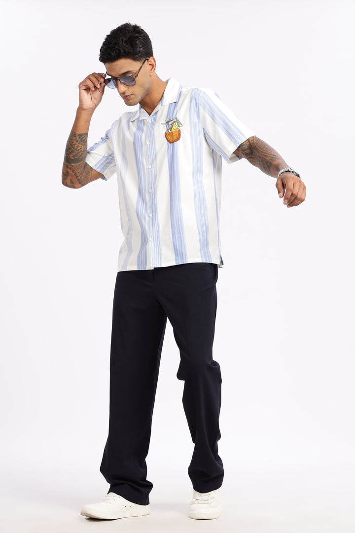 Stripes: Blue Coconut Embroidery Cuban Shirt