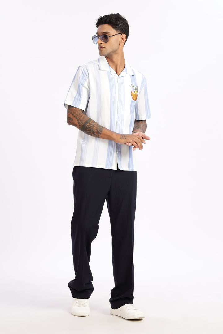 Stripes: Blue Coconut Embroidery Cuban Shirt