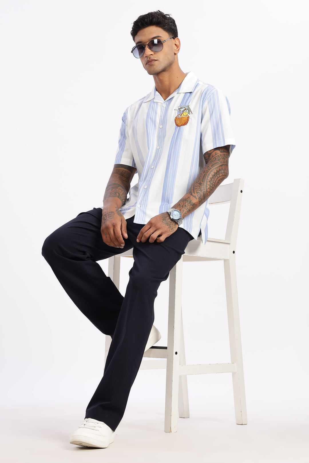 Stripes: Blue Coconut Embroidery Cuban Shirt