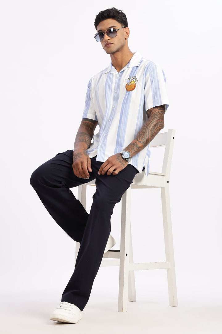 Stripes: Blue Coconut Embroidery Cuban Shirt