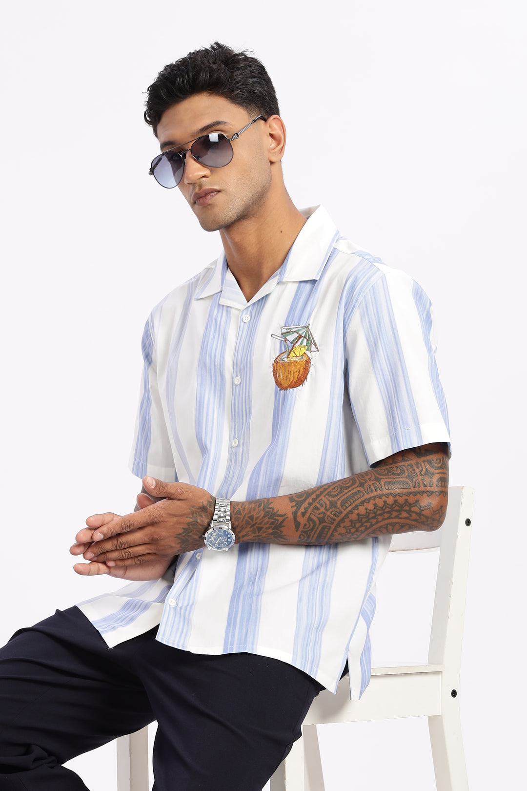 Stripes: Blue Coconut Embroidery Cuban Shirt