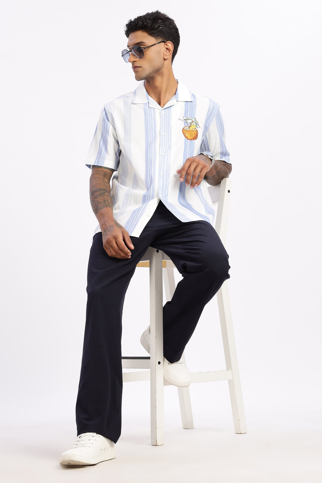 Stripes: Blue Coconut Embroidery Cuban Shirt