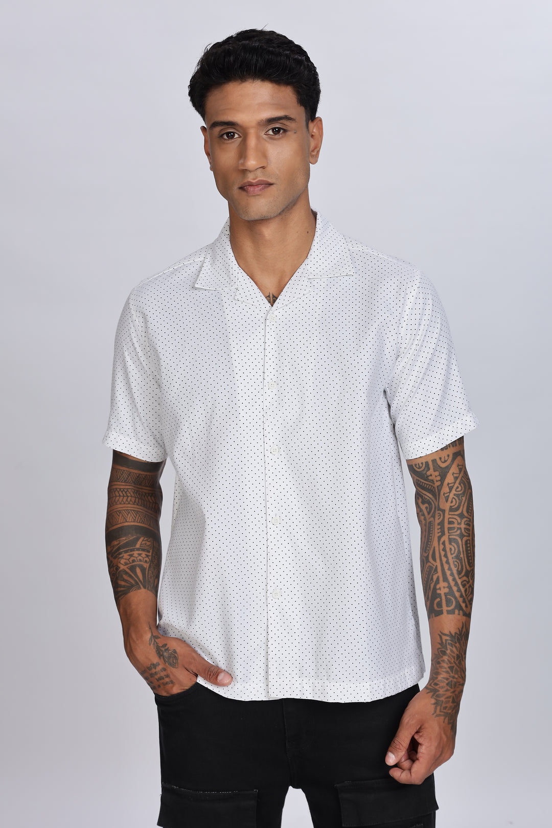 White Polka Cuban Shirt