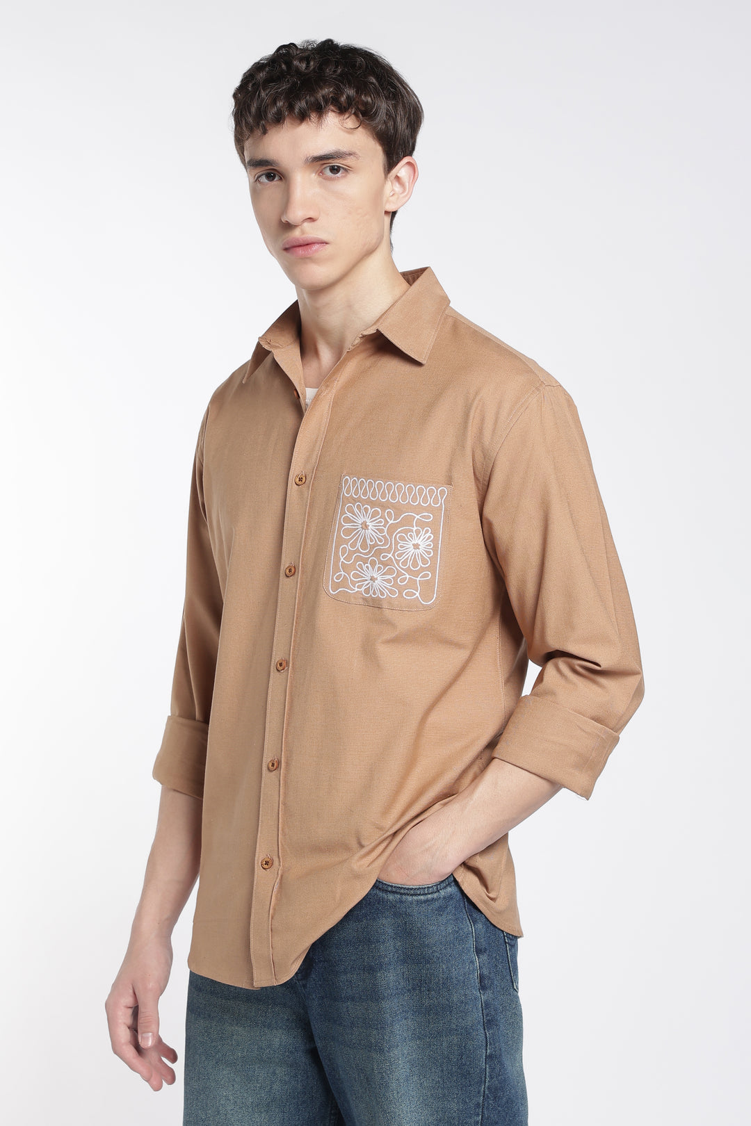 Pocket Floral Embroidery : Linen Brown Shirt