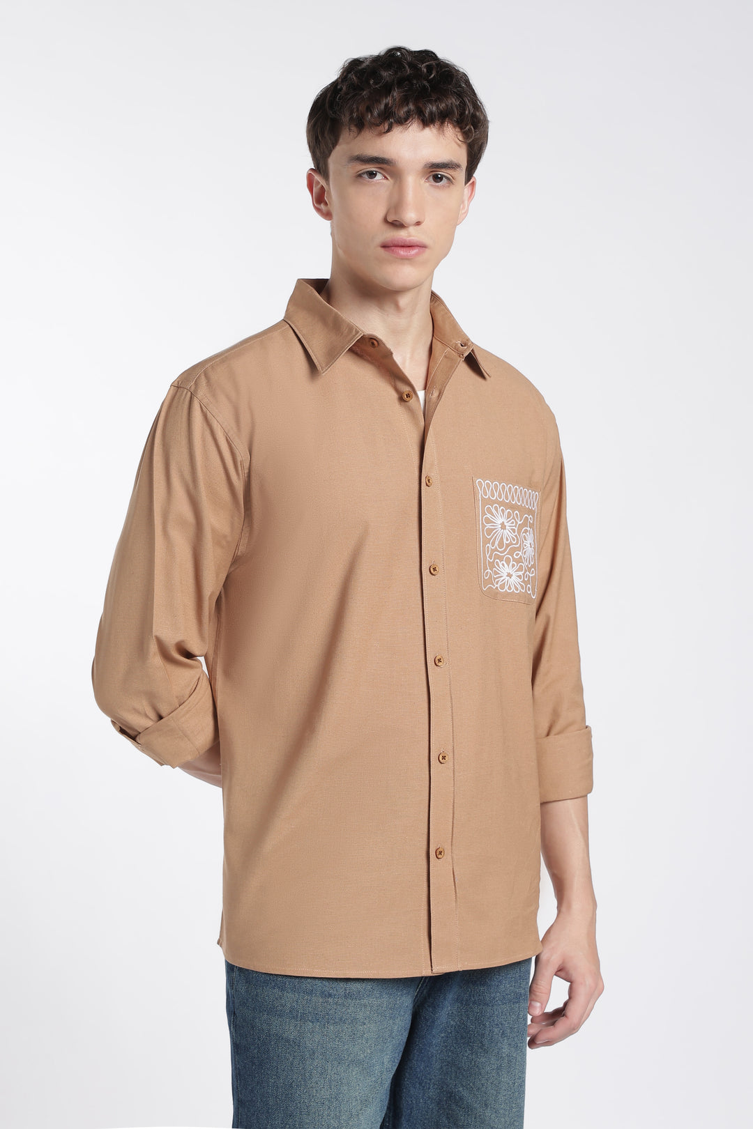 Pocket Floral Embroidery : Linen Brown Shirt