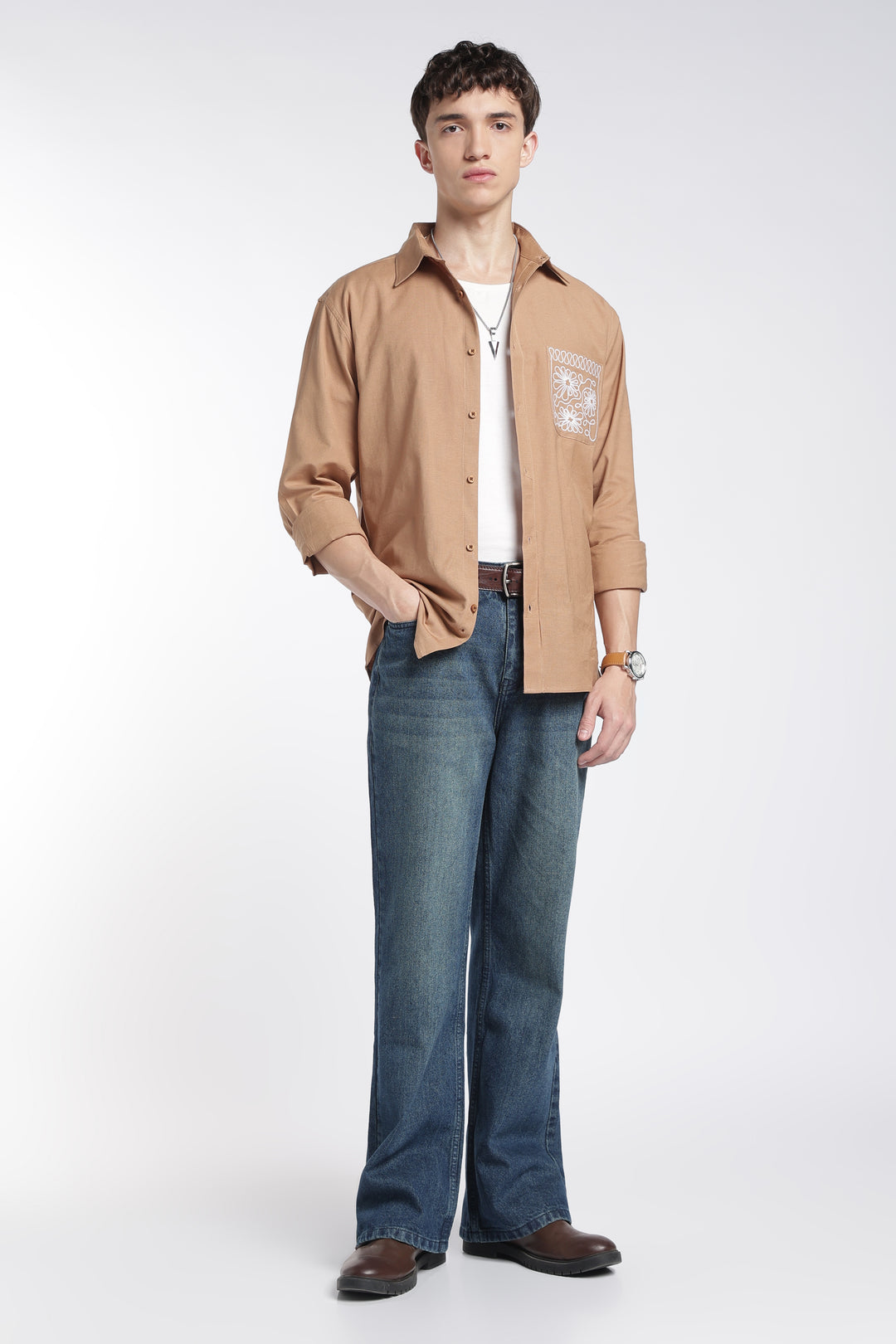 Pocket Floral Embroidery : Linen Brown Shirt