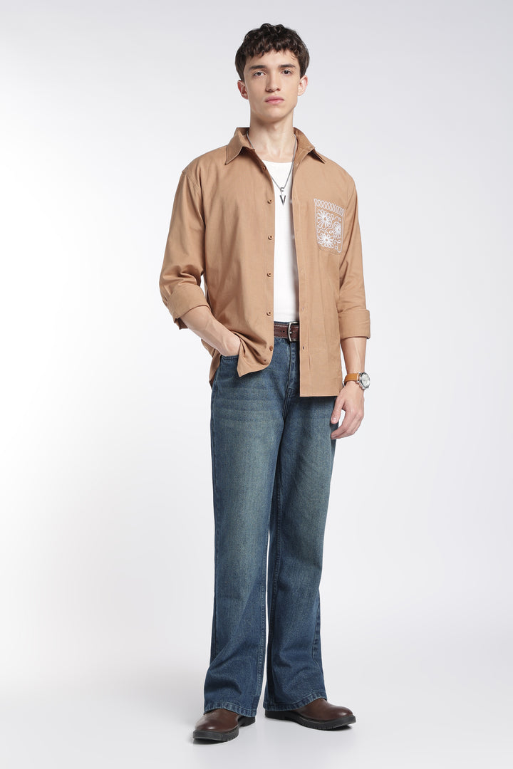 Pocket Floral Embroidery : Linen Brown Shirt