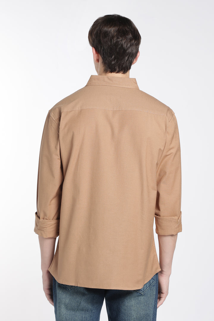 Pocket Floral Embroidery : Linen Brown Shirt