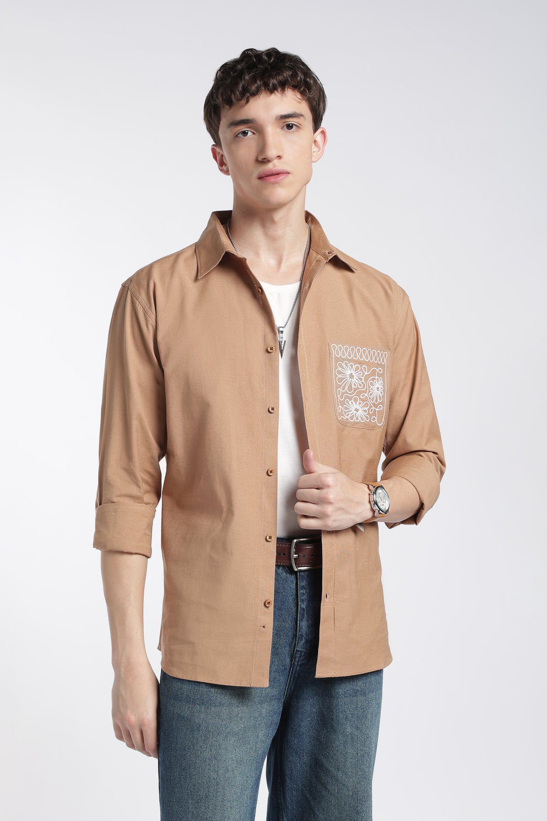 Pocket Floral Embroidery : Linen Brown Shirt