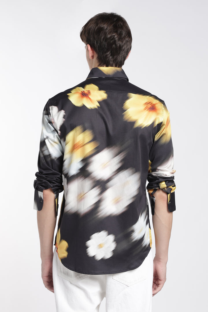 Blur Flower Black Printed Satin Shirt