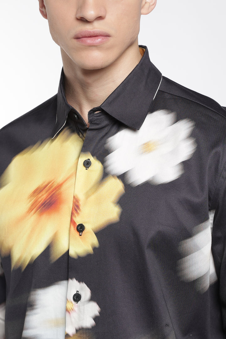 Blur Flower Black Printed Satin Shirt