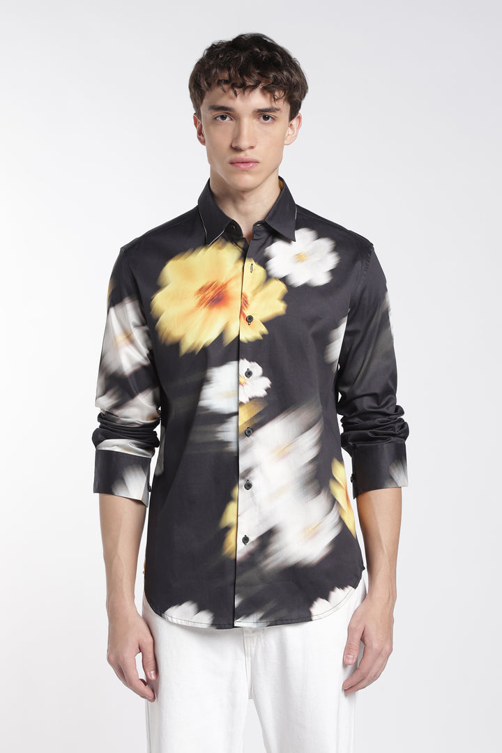 Blur Flower Black Printed Satin Shirt