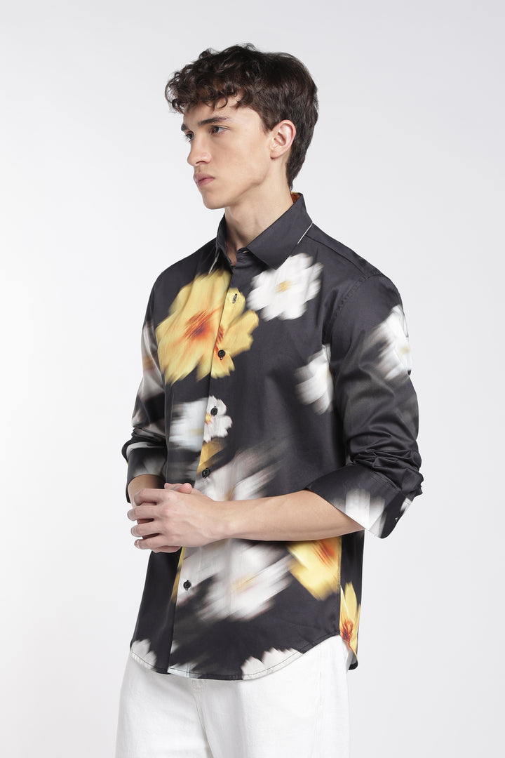 Blur Flower Black Printed Satin Shirt