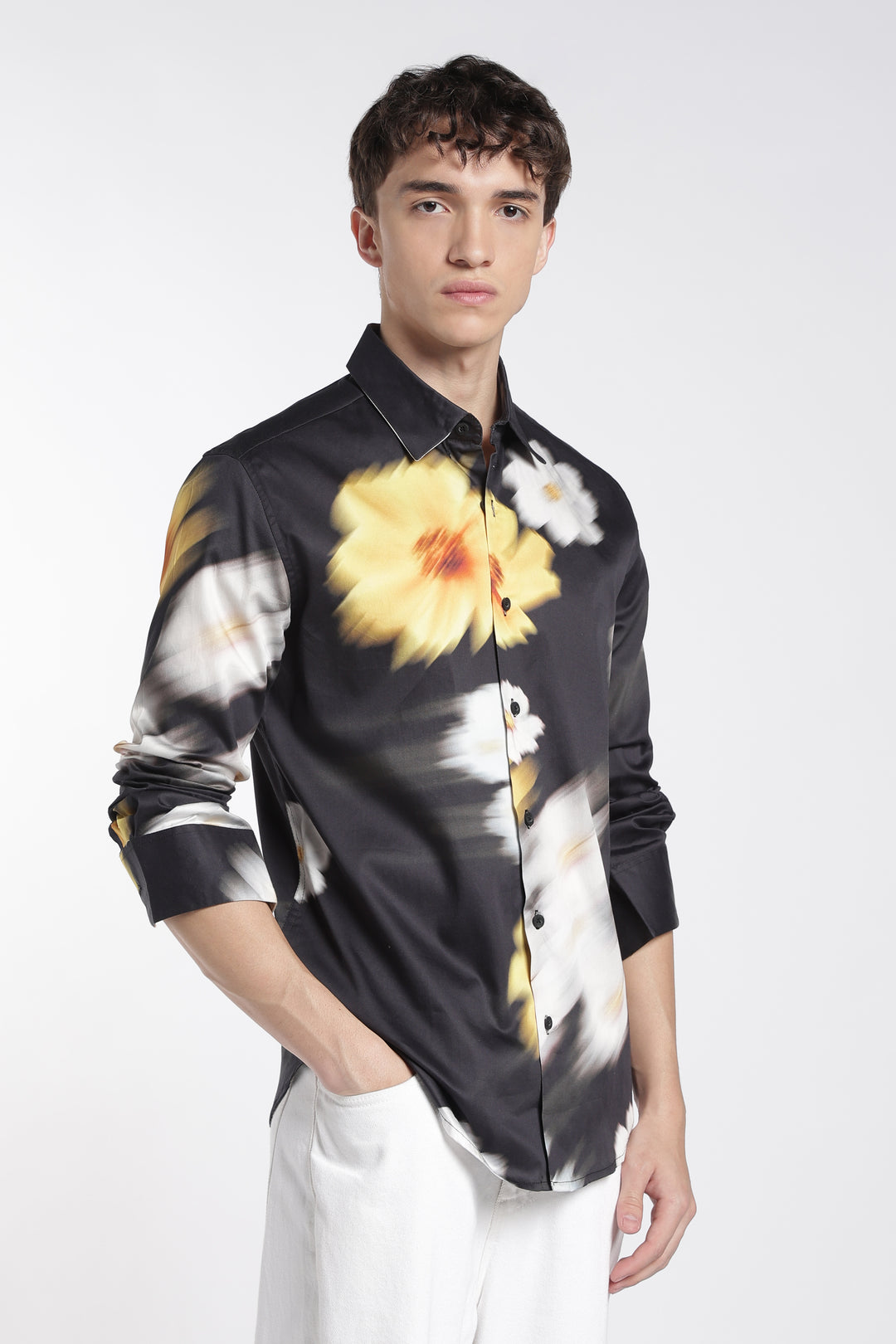 Blur Flower Black Printed Satin Shirt