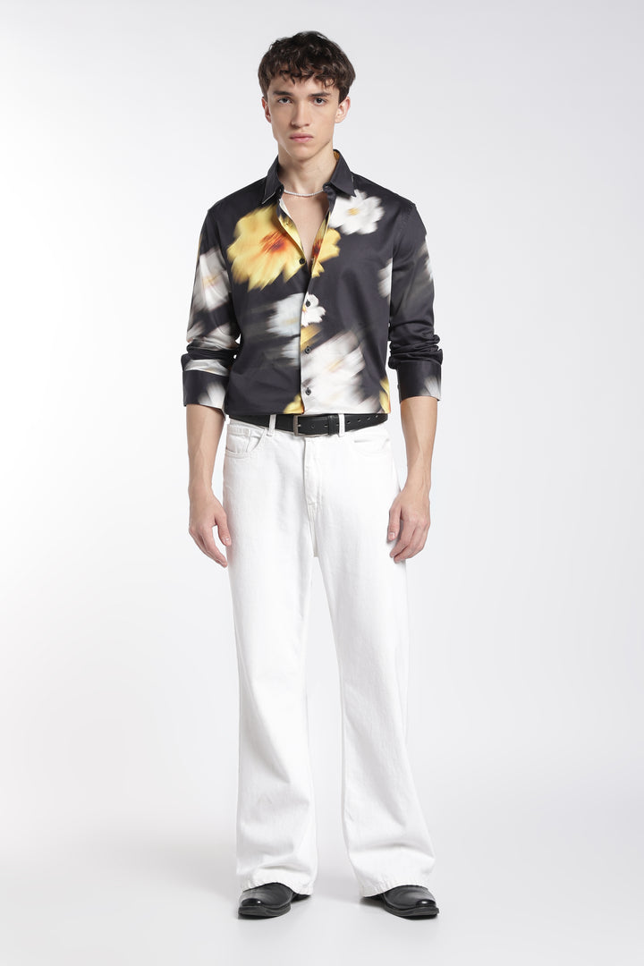 Blur Flower Black Printed Satin Shirt