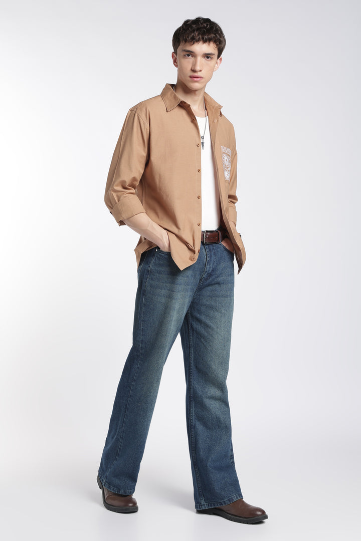 Pocket Floral Embroidery : Linen Brown Shirt