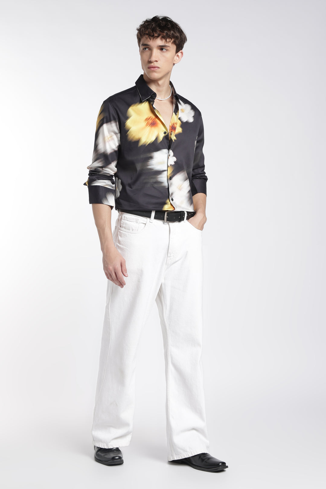 Blur Flower Black Printed Satin Shirt
