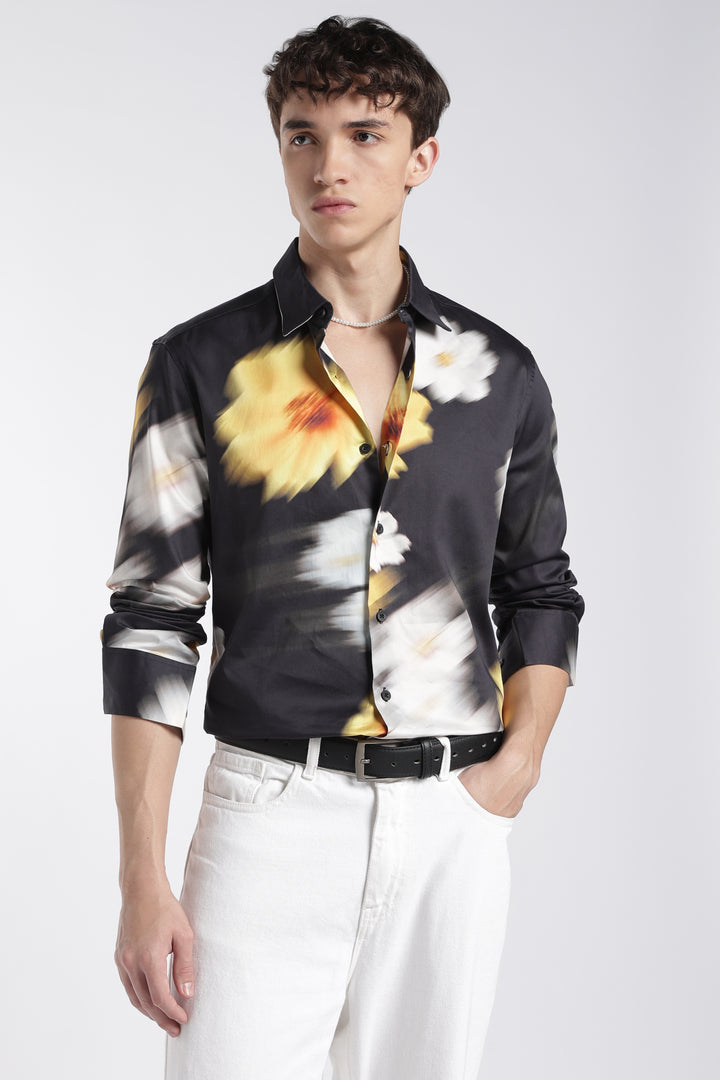 Blur Flower Black Printed Satin Shirt