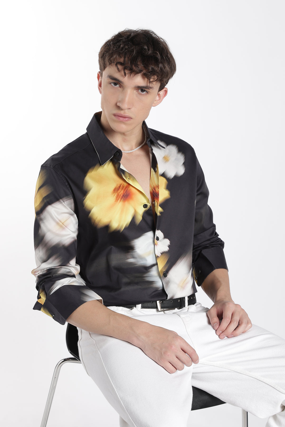 Blur Flower Black Printed Satin Shirt