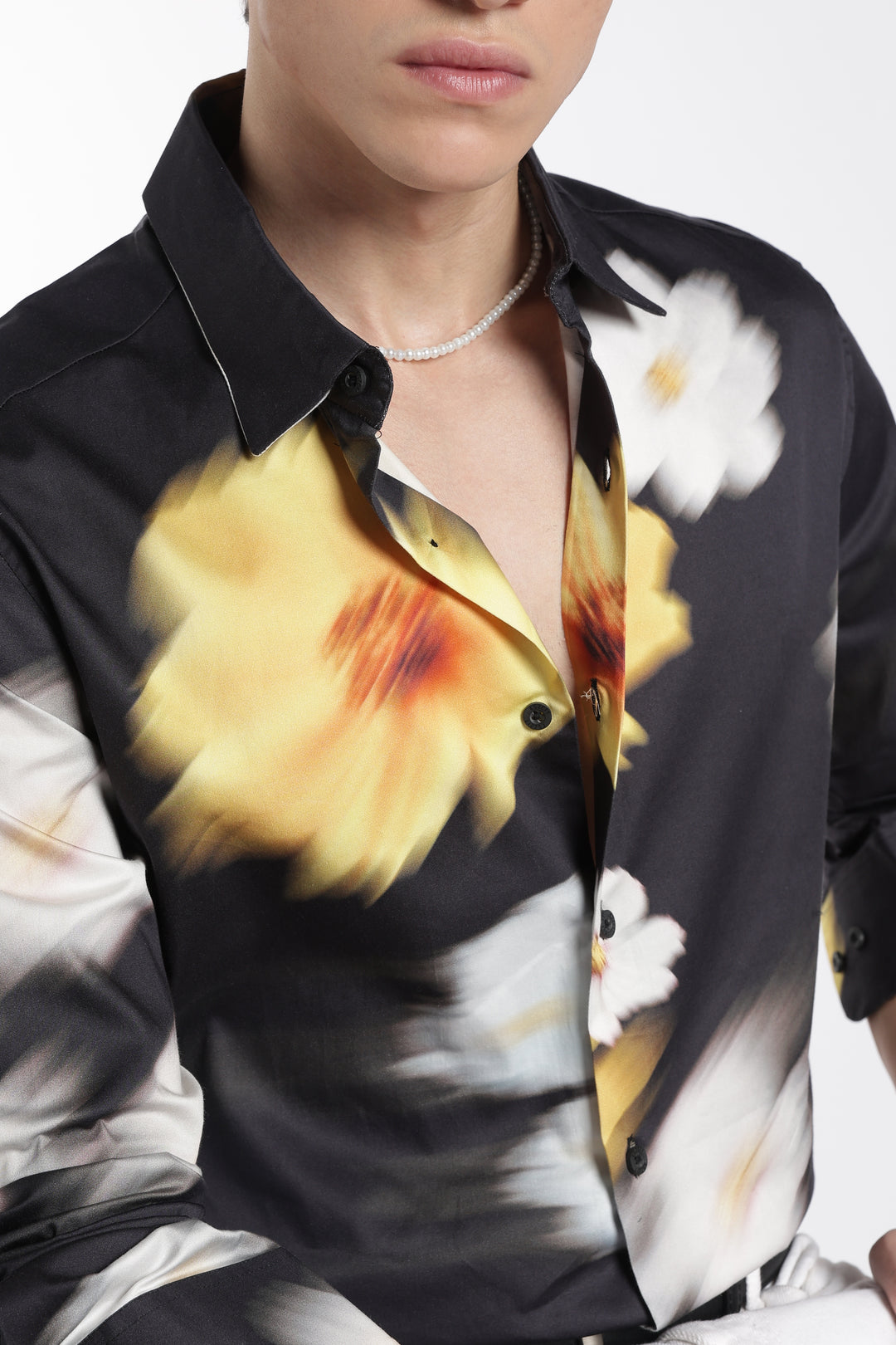Blur Flower Black Printed Satin Shirt