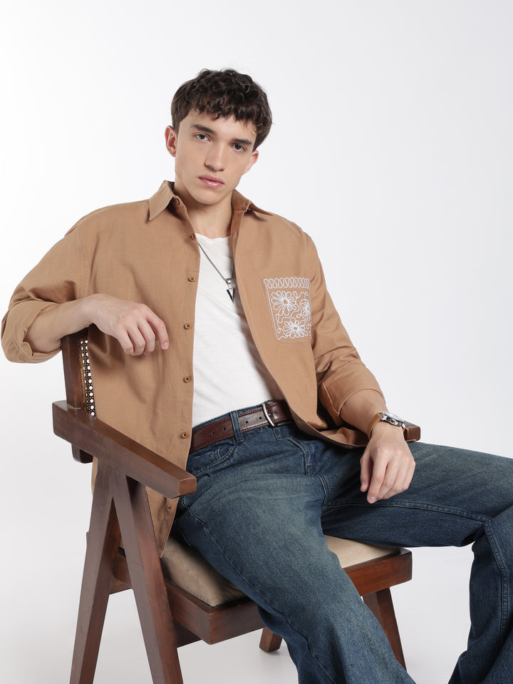 Pocket Floral Embroidery : Linen Brown Shirt