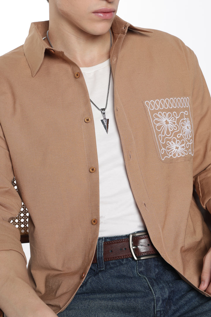 Pocket Floral Embroidery : Linen Brown Shirt