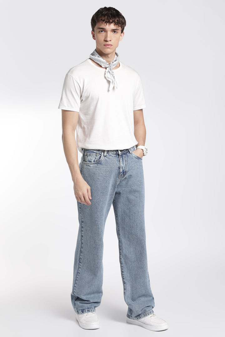 Straight Fit : Acid Washed Blue Jeans