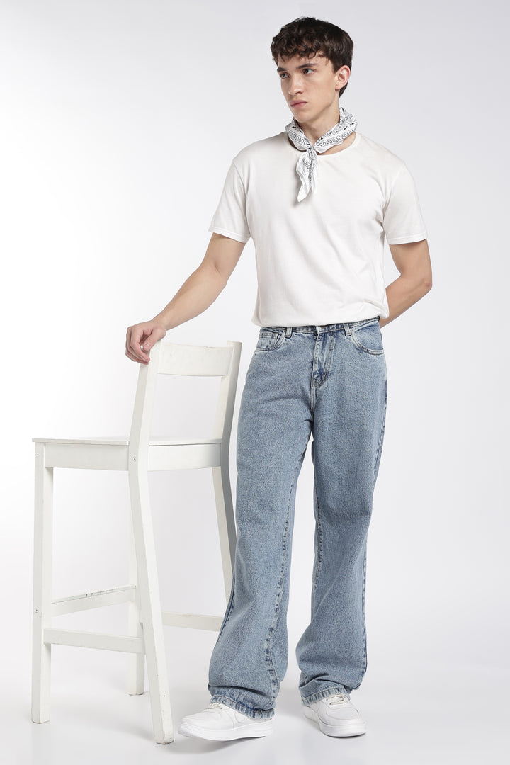 Straight Fit : Acid Washed Blue Jeans
