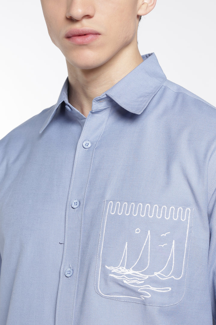 Pocket Yacht Embroidery : Linen Blue Shirt