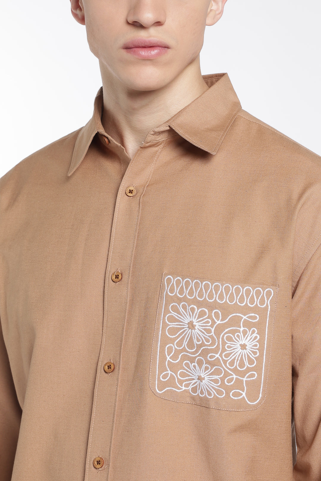 Pocket Floral Embroidery : Linen Brown Shirt