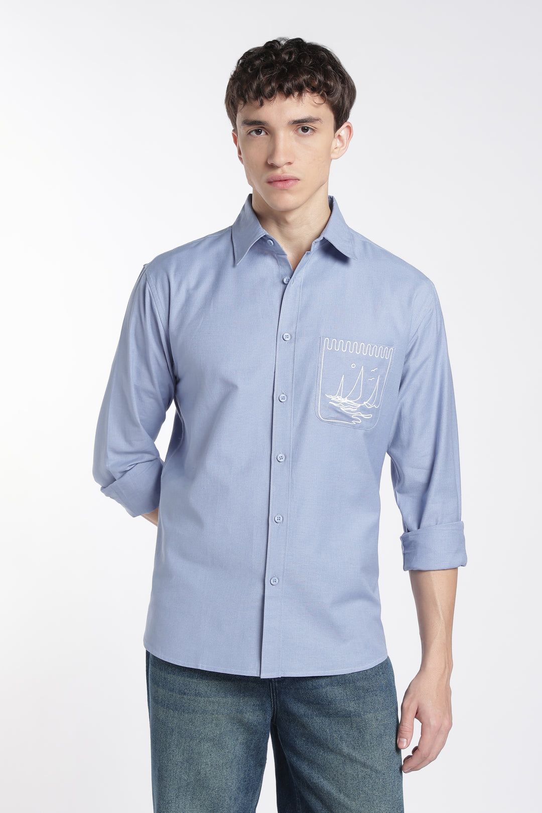 Pocket Yacht Embroidery : Linen Blue Shirt