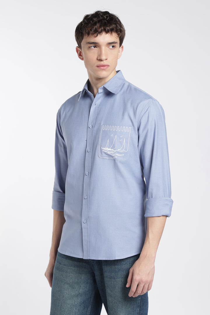 Pocket Yacht Embroidery : Linen Blue Shirt
