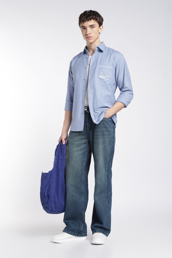 Pocket Yacht Embroidery : Linen Blue Shirt