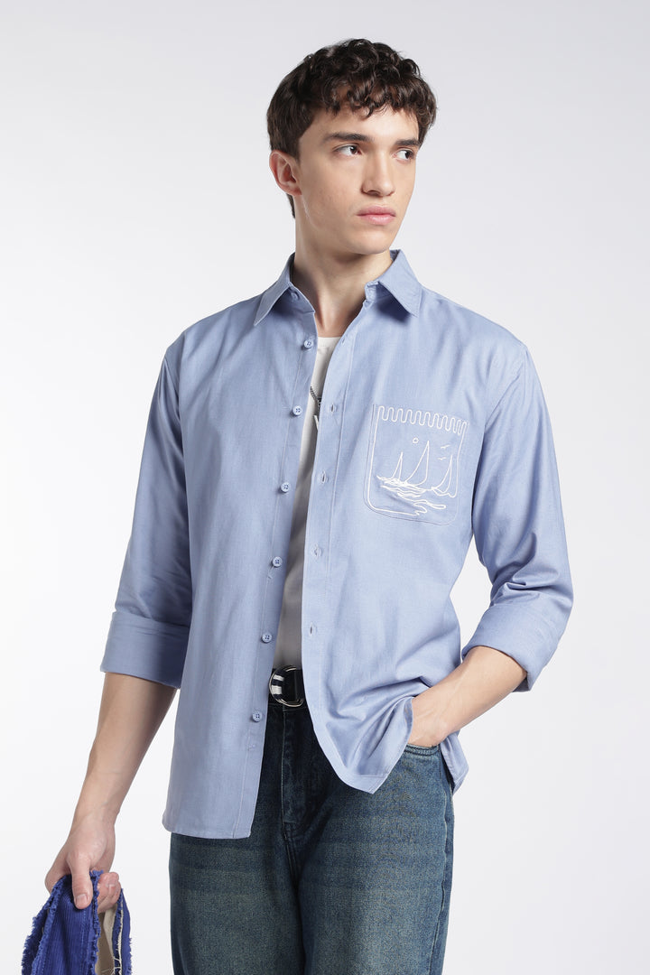 Pocket Yacht Embroidery : Linen Blue Shirt