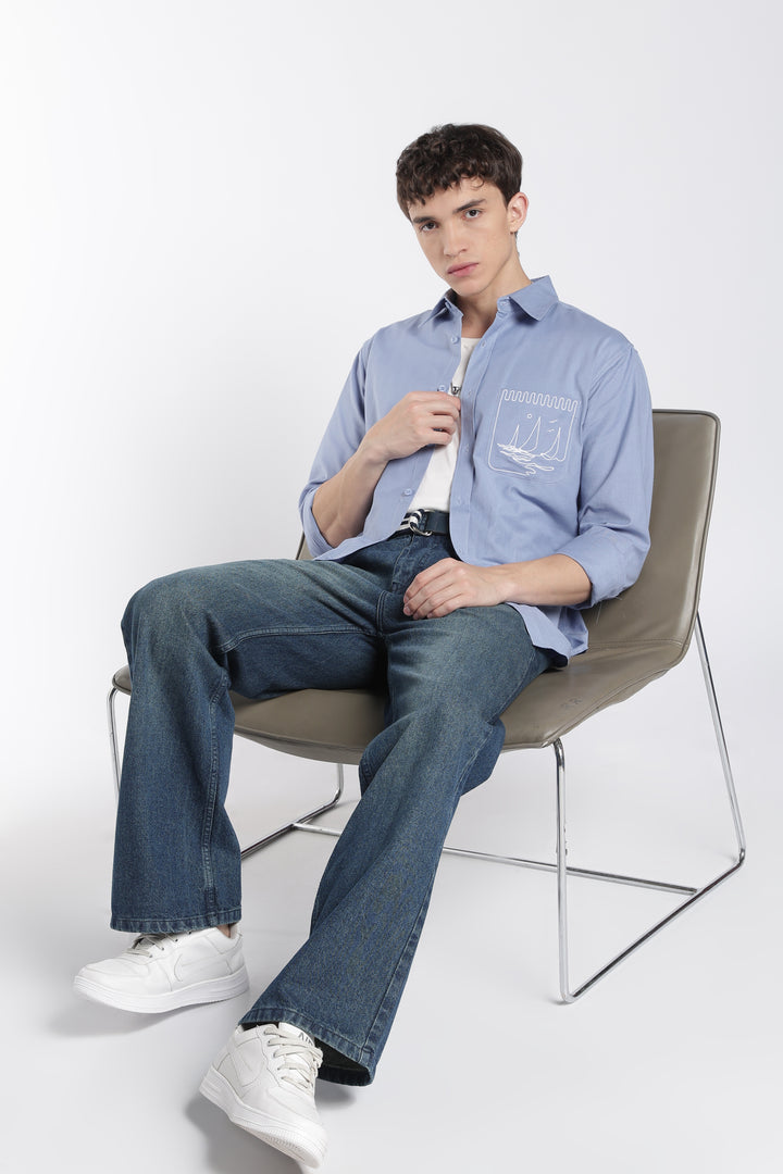 Pocket Yacht Embroidery : Linen Blue Shirt