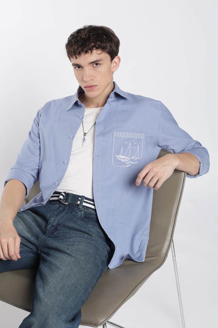 Pocket Yacht Embroidery : Linen Blue Shirt
